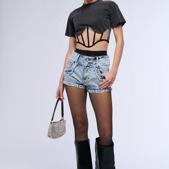 AKIRA 'WHOLE LOTTA MONEY' RHINESTONE ENCRUSTED DENIM SHORT (SOLD OUT) - NWT - Picture 3 of 6